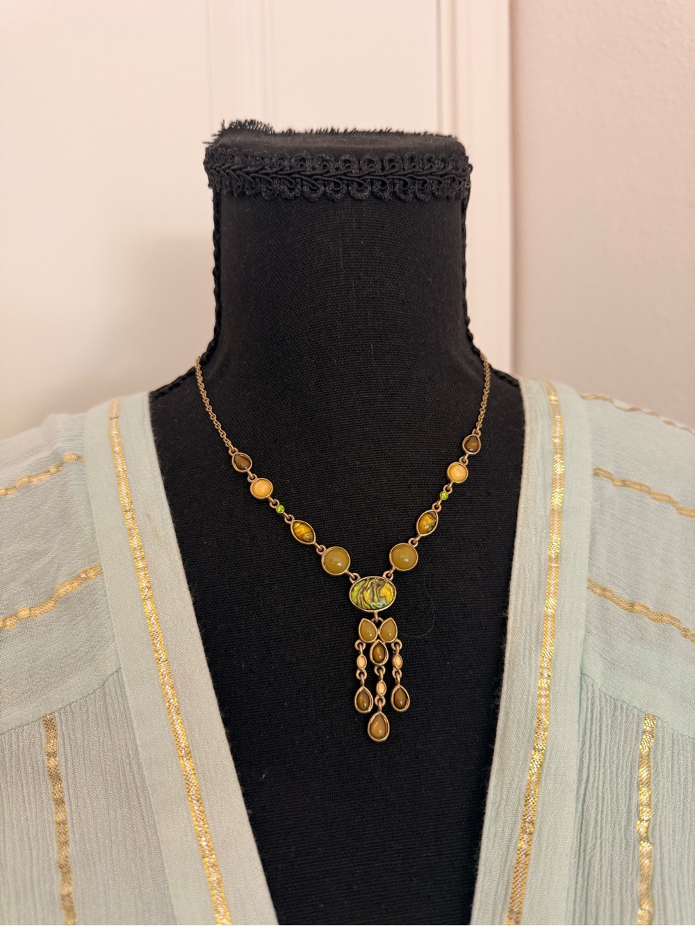 Gold-Tone Green Glass Drop Pendant Necklace - Women Jewelry